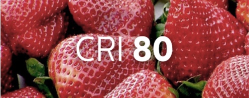 Un bol de fraises montrant le rendu des couleurs en fonction d'un éclairage à IRC de 80