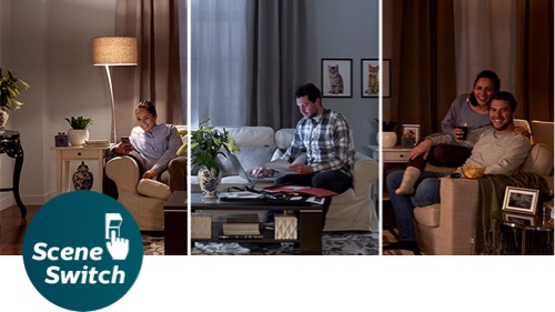 All three scenarios of the Philips SceneSwitch LED bulb light settings in one image