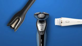 "Appareils de toilettage Philips sur fond bleu : rasoir électrique, coupe-barbe et brosse nettoyante pour le visage pour les soins personnels des hommes. »