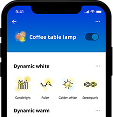"Interface de l’application WiZ pour les lampes DEL, affichant des préréglages d’éclairage dynamiques blancs et chauds pour un éclairage domestique personnalisable. »